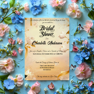 Invitación Ducha marfil y dorada con encaje y floral