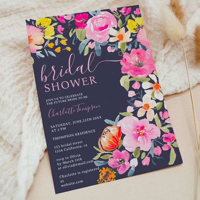 Invitación Ducha marital floral azul bohemia (Bohemian bold floral watercolor navy bridal shower invitation)