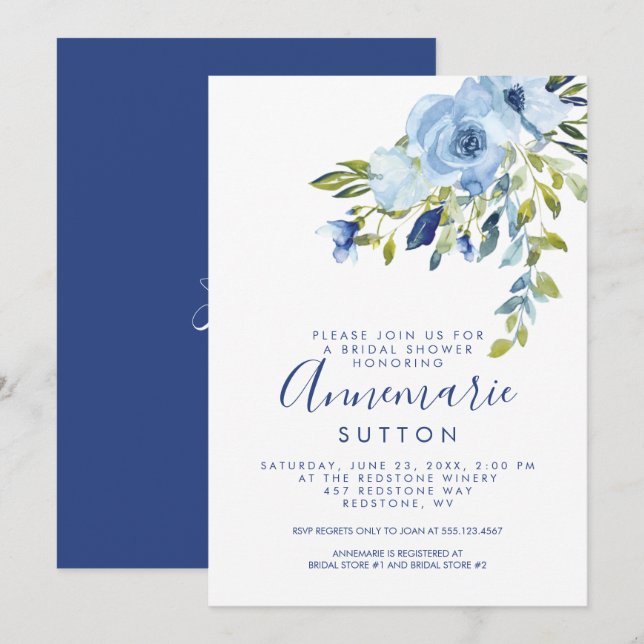 Invitación Ducha marital floral azul claro y marina| (Anverso / Reverso)