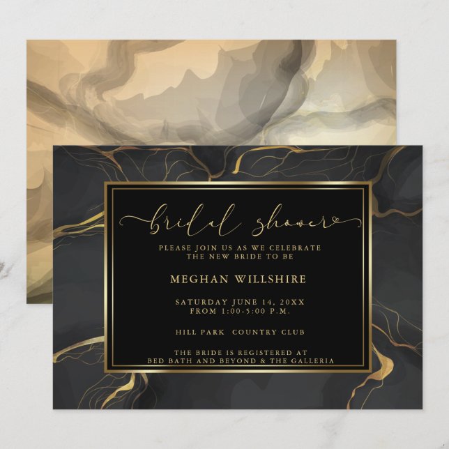 Invitación DUCHA | Mármol negro y oro elegante (Anverso / Reverso)