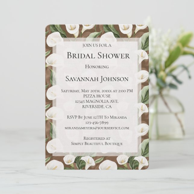 Invitación Ducha marrón de novias con flores de lirio blanco (Anverso de pie)