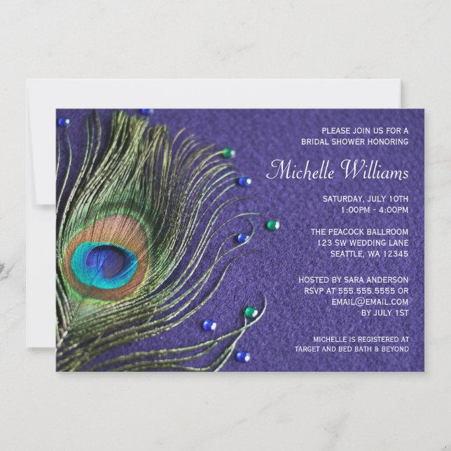 Invitación Ducha marrón de plumas pavo real (Anverso)