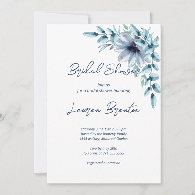 Invitación Ducha marrón floral azul acuática Ducha de novia (Anverso)