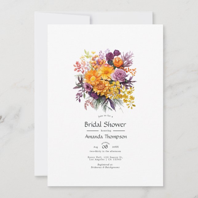 Invitación Ducha marrón, Naranja y amarilla floral para novia (Anverso)
