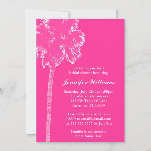 Invitación Ducha marrón rosa caliente del árbol de palmas mod (Anverso)