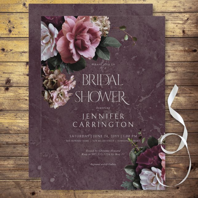 Invitación Ducha marrón y rosa floral moderna de novia (Maroon & Pink Floral Modern Bridal Shower Invitation)