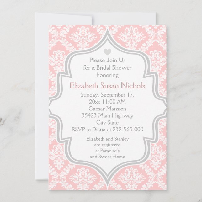 Invitación Ducha matrimonial rosa, blanca y gris damasco (Anverso)