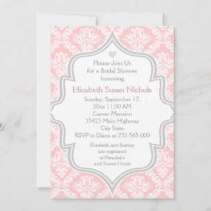 Invitación Ducha matrimonial rosa, blanca y gris damasco