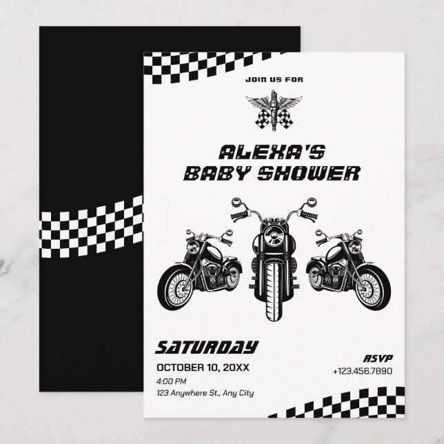 Invitación Ducha mecánica de moto clásica para bebé (Anverso / Reverso)