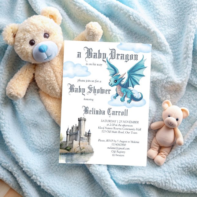 Invitación Ducha mediana de bebé dragón lindo (Medieval cute baby dragon baby shower invitation template fantasy blue dragon baby shower invites)