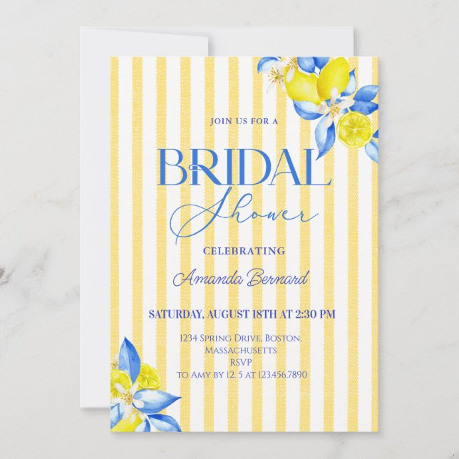 Invitación Ducha mediterránea de limón de novia (Anverso)