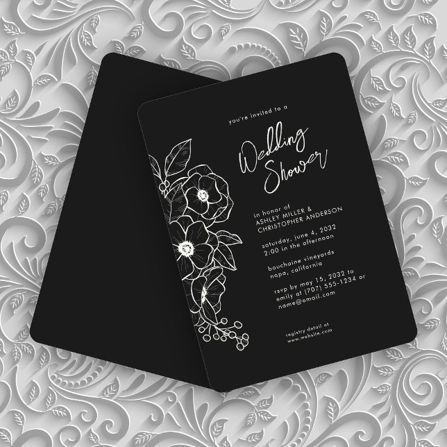 Invitación Ducha Mínima De Boda De Boda De Floral Negras (Subido por el creador)