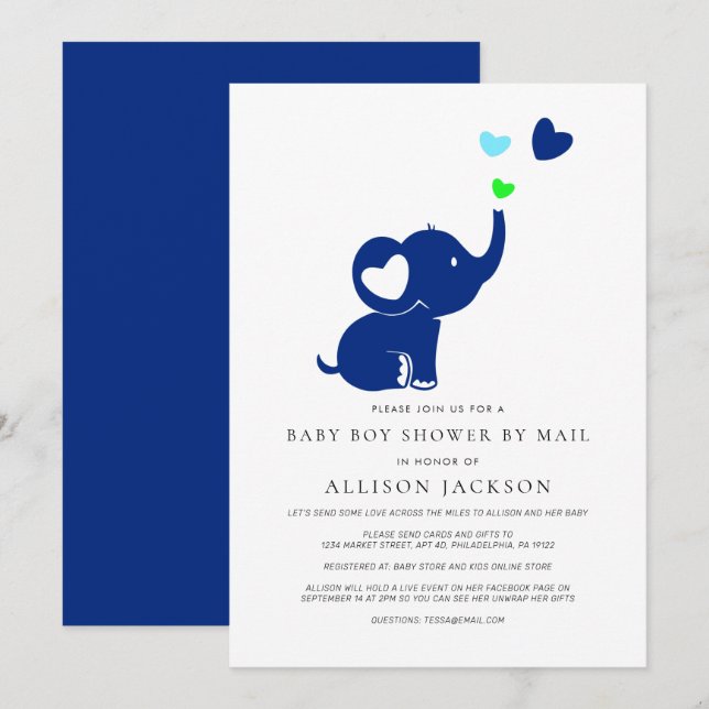 Invitación Ducha mínima para bebés por correo Elefante azul (Anverso / Reverso)