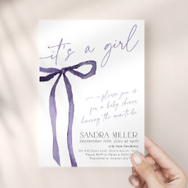 Invitación Ducha Minimalista de Bebé con Lazo Morado Cinta Li