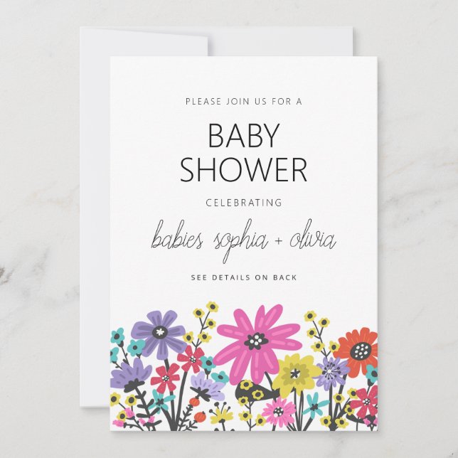 Invitación Ducha Moderna Boho Flores Silvestres para Gemelos (Anverso)