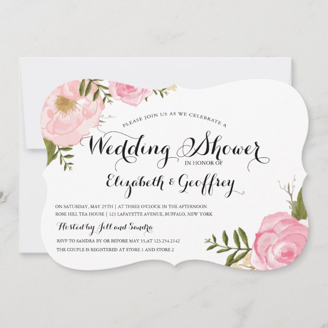 Invitación Ducha moderna de casamiento con flores rosadas (Anverso)