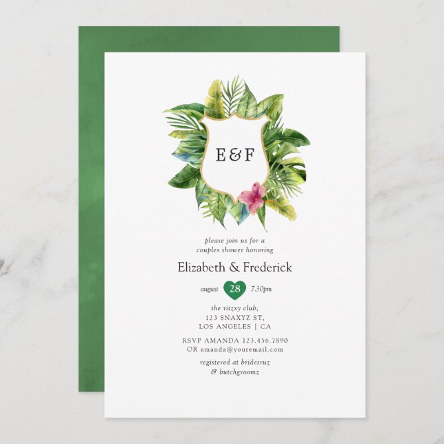 Invitación Ducha Monograma Tropical De Playa De Verano (Anverso / Reverso)