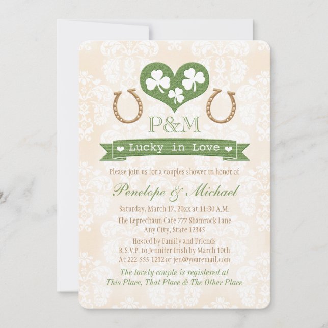 Invitación Ducha Monogramada de Shamrock and Horseshoe Couple (Anverso)