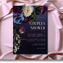 Invitación Ducha Moody Parejas Florales Oscuras Azul y Morado