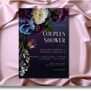 Invitación Ducha Moody Parejas Florales Oscuras Azul y Morado