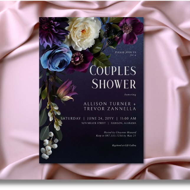 Invitación Ducha Moody Parejas Florales Oscuras Azul y Morado (Dark Blue & Purple Floral Moody Couples Shower Invitation)