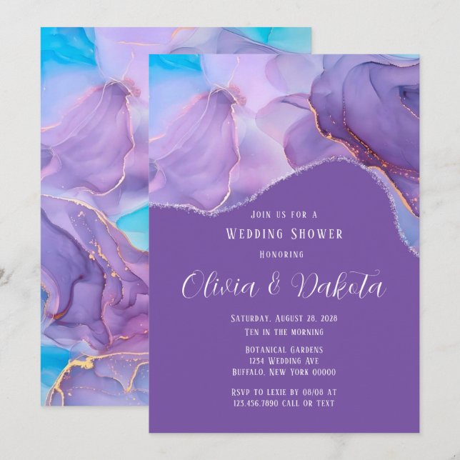 Invitación Ducha morada de bodas con tinta de alcohol etéreo  (Anverso / Reverso)