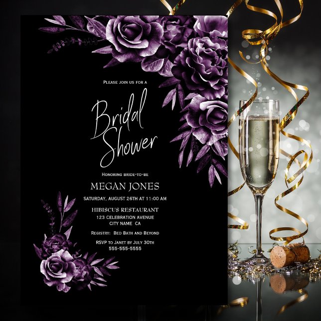Invitación Ducha morada de novia floral negra (Subido por el creador)