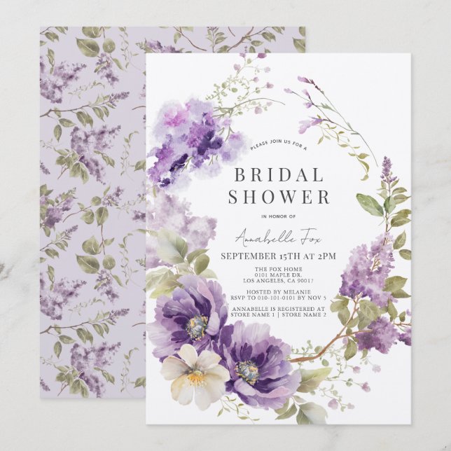 Invitación Ducha morada de novias floral púrpura y laíca (Anverso / Reverso)