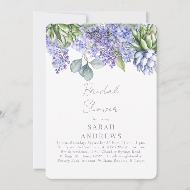 Invitación Ducha Morada Floral Botánica Blanca Bridal (Anverso)
