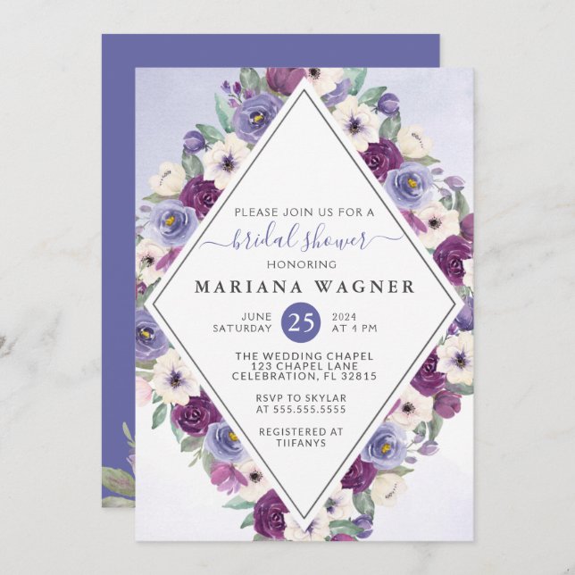 Invitación Ducha Morada Floral Bridal (Anverso / Reverso)