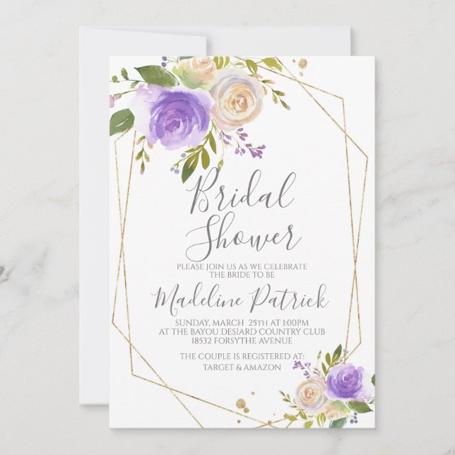 Invitación Ducha Morada Floral Bridal (Anverso)