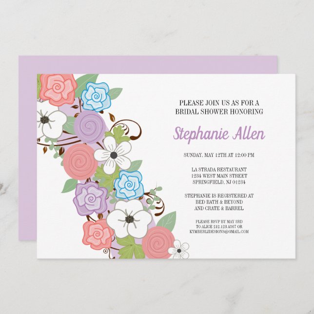 Invitación Ducha Morada Floral Bridal (Anverso / Reverso)