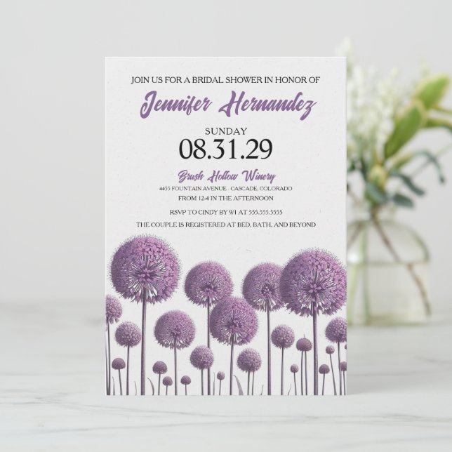 Invitación Ducha Morada Floral Bridal (Anverso de pie)
