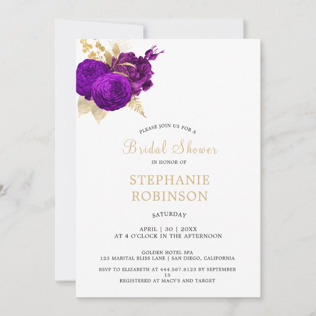 Invitación Ducha morada floral de oro morado (Anverso)