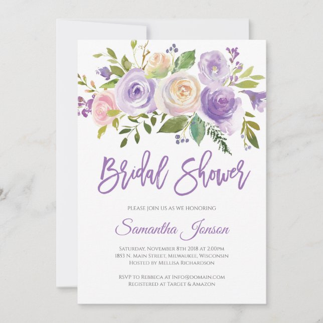 Invitación Ducha morada y rosa floral rústica de novia (Anverso)