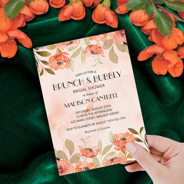 Invitación Ducha Naranja floral de brunch (Brunch and Bubbly orange floral bridal shower invitations)