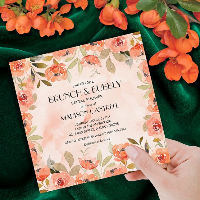 Invitación Ducha Naranja floral de brunch (Brunch and Bubbly orange floral square bridal shower invitations)