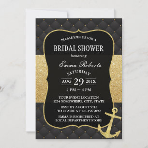 Invitación Ducha Náutica Bridal Anchor Dorado Negro y Oro