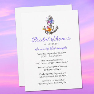 Invitación Ducha Náutica de Anchor Morado Floral Náutica
