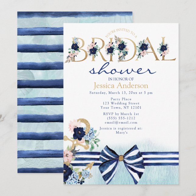Invitación Ducha Náutica Real Azul y Dorada Bridal (Anverso / Reverso)