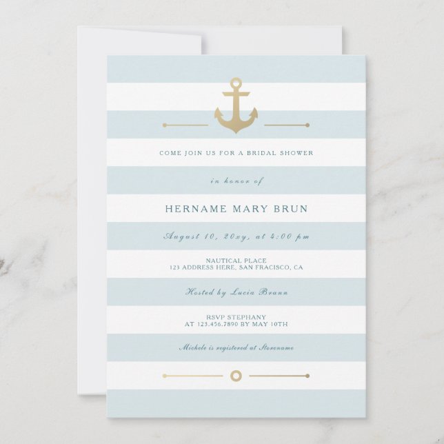 Invitación Ducha Nautical Bridal con tira blanca y azul pálid (Anverso)