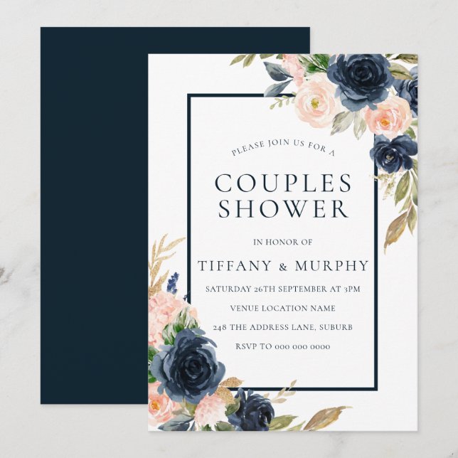 Invitación Ducha Navy Rubor Floral Elegant Couples (Anverso / Reverso)