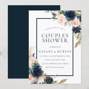 Invitación Ducha Navy Rubor Floral Elegant Couples