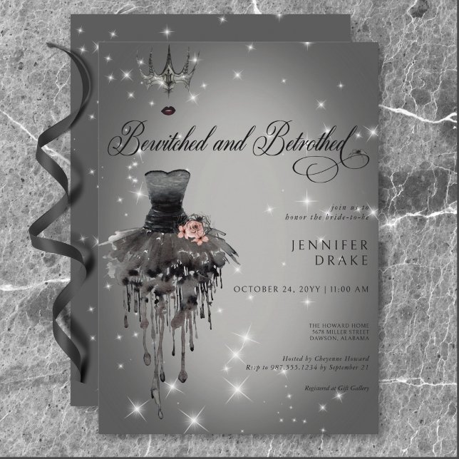 Invitación Ducha negra de glam glam de Halloween con baño y m (Bewitched & Betrothed Halloween Glam Black Shower Invitation)