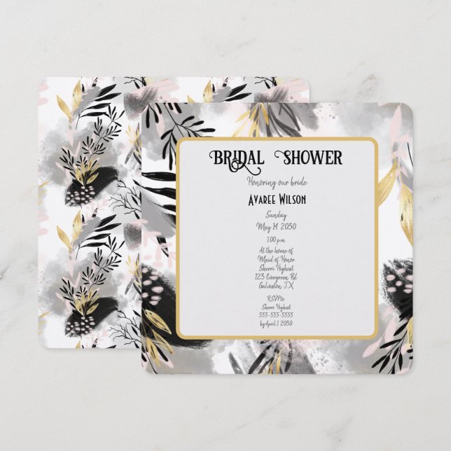 Invitación Ducha negra, gris y dorada de plomo (Anverso / Reverso)
