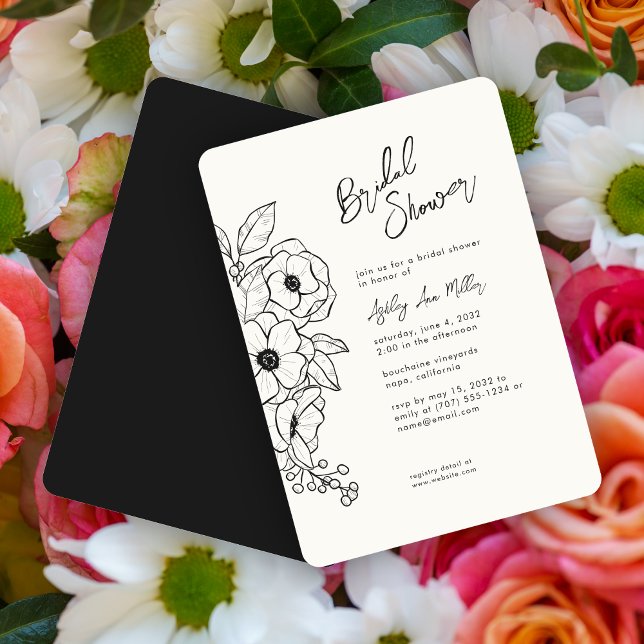 Invitación Ducha Negra Mínima Floral Botánica Negra Bridal (Subido por el creador)