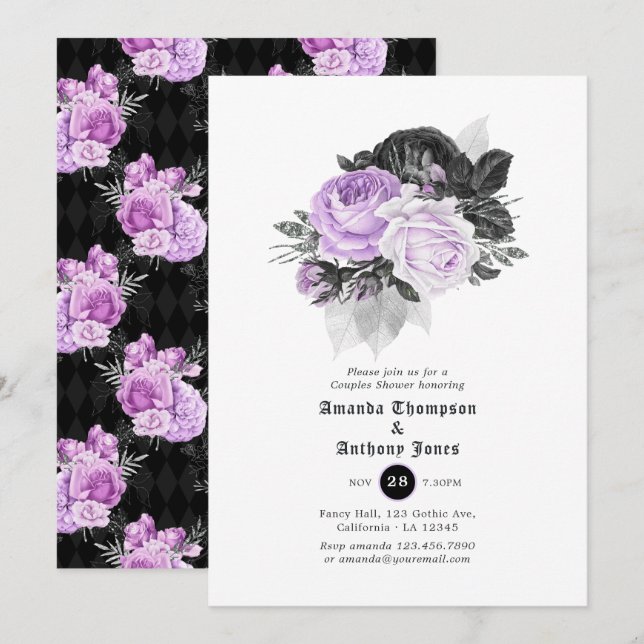 Invitación Ducha negra, morada y plateada de parejas góticas (Anverso / Reverso)