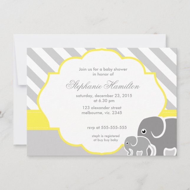 Invitación Ducha neutra de limón para elefantes grises (Anverso)