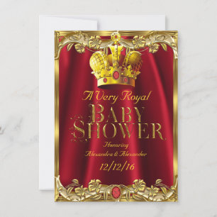 Invitación Ducha Neutral del Bebe Corona Real Roja Joya Dorad