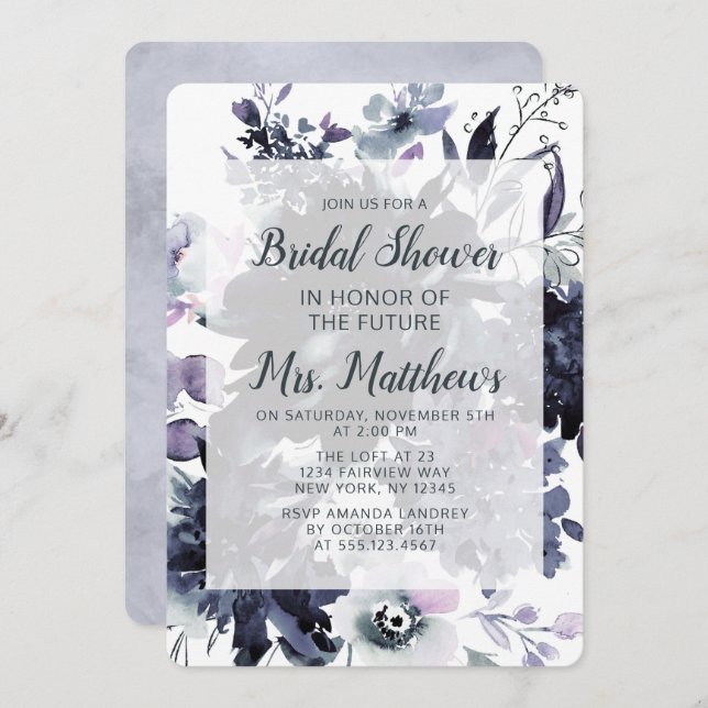 Invitación Ducha Nocturna Floral Dusty Azul y Marina Bridal (Anverso / Reverso)